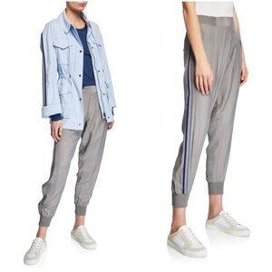 ATM Gray 100% Silk Joggers with Navy Racing Stripes Women’s Size Medium